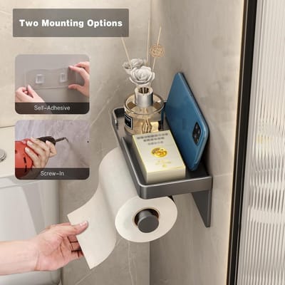 Famanu – Toiletrolhouder met opbergrek en telefoonplank, zelfklevend, wandmontage, grijs