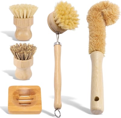 vaatborstel, set van 5 met natuurlijke borstelharen, duurzame bamboe keukenborstel, multifunctioneel set vaatborstels, keukenborstel voor servies, potten, pannen, keukenspoelbak