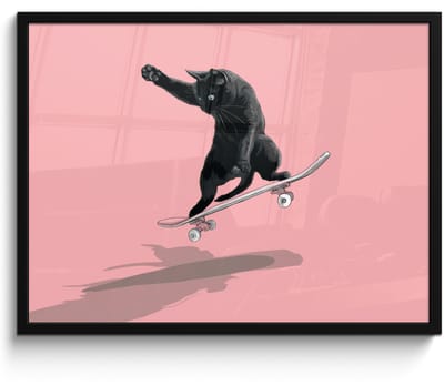 Poster in lijst - Fotolijst 70x50 cm - Posters - Kat - Skateboard - Roze - Posterlijst zwart - Decoratie - Wanddecoratie woonkamer - Muurdecoratie slaapkamer