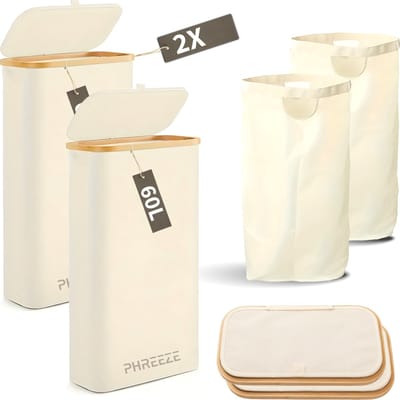 Smalle Wasmand - 60L - 2 Stuks - Wasmanden met Deksel en Waszak - Mand Vuile Was - Opbergmand - Mand - Beige