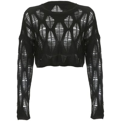 Design de Chemise à Manches Longues Anti-soleil avec Trous Blouse Tricotée Découpée Sexy Foncée Été Femme S noir