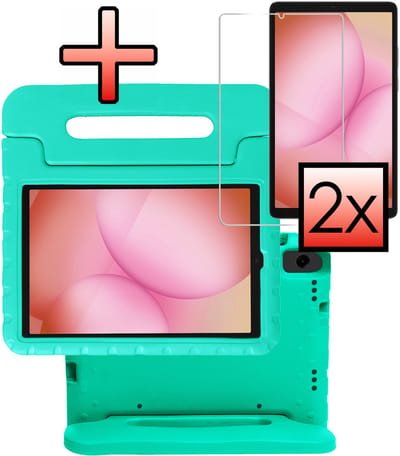 Hoes - Geschikt voor Samsung Galaxy Tab A11 - Met 2x Screenprotector - Kinderhoes Shockproof Bumper - Kidsproof Case - Tablet Hoesje - Kinder Cover - Turquoise