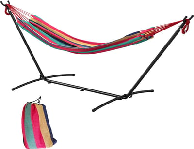 Tuinhangmat met epoxy gecoate metalen standaard, 1-persoonshangmat op standaard, max. belasting 120 kg, rode draagtas