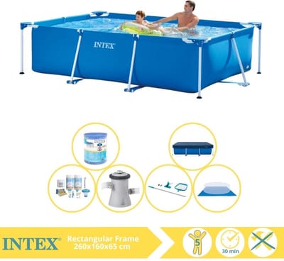 Intex Rechthoekig Frame Zwembad - 260 x 160 x 65 cm - Blauw - Inclusief Afdekzeil - Onderhoudspakket - Zwembadfilterpomp - Filter - Grondzeil - Schoonmaakset - 7-delig