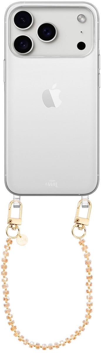 xoxo Wildhearts siliconen hoesje geschikt voor iPhone 17 Pro Max hoesje - Crystal (Bruin) - Telefoonhoesje - Hoesje met koord - Kristal ketting - Kristallen met gouden details - kort telefoonkoord - Transparant hoesje
