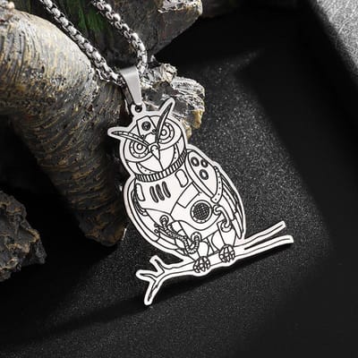 Collier Européen et Américain Animal Hibou Steampunk Engrenage Acier Inoxydable gray