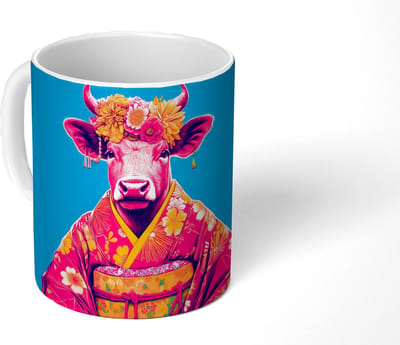 Mok - Koffiemok - Koe - Bloemenkrans - Oorhangers - Kimono - Mokken - 350 ML - Beker - Koffiemokken - Theemok
