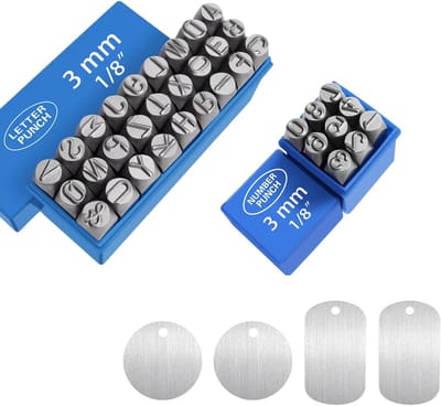 Metaal Stempel Set - Letters Cijfers - DIY Graveren - 36 Delig Inclusief Tags - 3mm Stempel Grootte - Grijs