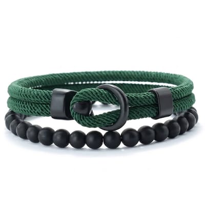 Set van 2 heren armbanden – groene koordarmband met lus en zwarte kralenarmband