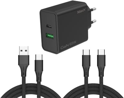 Ntech - USB C Adapter 65W - USB C Oplader Zwart - USB C Adapter 65W & USB-A 30W met 2x USB C kabel - 2 Poorten voor - USB C Lader - Universeel o.a. Telefoons & Laptops
