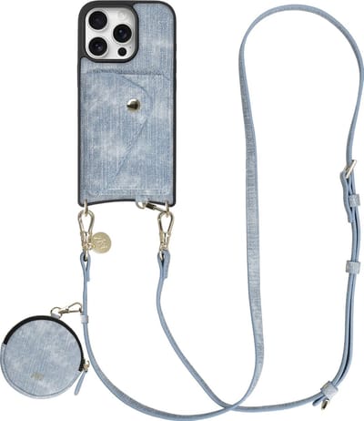 AVY Hoesje geschikt voor Apple iPhone 16 Pro | Met Koord, Wallet en Pouch | Compatibel met MagSafe | Kunstleren Case met 130CM Koord | Long Denim | Denim