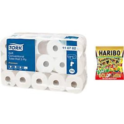 Toiletpapier TORK, 3-laags, 250 vellen per rol, 30 rollen + 1 pak Haribo Minis gummibeertjes GRATIS