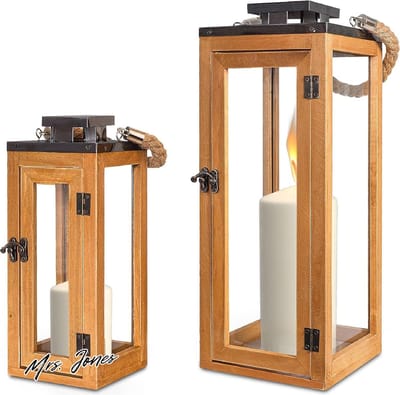 Mrs. Jones Lantaarn Voor Binnen Zwart Metaal Glas Hout Kaarsenhouder Touw Handvat Decoratieve Accessoires Woning Kaarsenplateau Makkelijk Schoon te Maken .