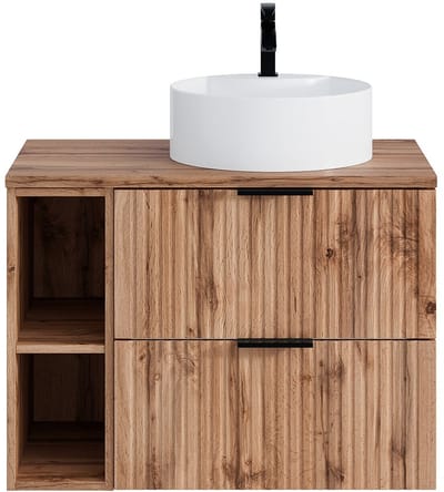 Vente-unique Geribbeld hangmeubel voor badkamer met nissen en ronde opbouwwastafel - Licht naturel - L80 cm - ZEVARA