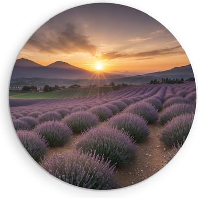 Saammp Muurcirkel Hout - Landschap - Lavendel met bergen - Natuur - Ø 90 - Wandcirkel - Wanddecoratie Cirkel - Muurdecoratie Woonkamer - Slaapkamer decoratie - Rond Schilderij