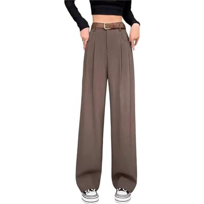Dames Lange Broek Knoop Ritsgulp Hoge Taille Kantoor Dames Broek met Zakken Effen Kleur Rechte Wijde Pijp Pakbroek S koffie