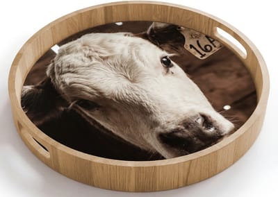 Dienblad rond 40x40 cm - Schootdienblad hout - Kalf - Oormerk - Houten stal - Borrelplank rechthoek - Plateau houten dienbladen
