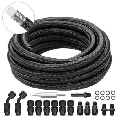 VEVOR 6AN brandstofleidingset, 300" brandstofslangset, 5/16" nylon roestvrijstalen gevlochten brandstofleiding olie-/gas-/dieselslangstaartconnectorset 15-delige draaibare adapterset
