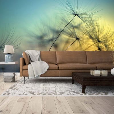 Fotobehang paardenbloem goudgeel, 3D-vliesbehang paardenbloem, Paardenbloembehang voor slaapkamer, Romantisch behang in 3,50 x 2,55 m, BRICOFLOR.nl