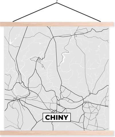 Posterhanger incl. Poster 40x40 cm - Schoolplaat - België – Chiny – Stadskaart – Kaart – Zwart Wit – Plattegrond - Textielposter - Blanke latten - Stadskaart