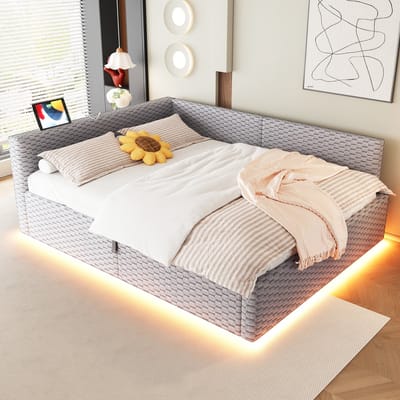 VVBV Gestoffeerd Opbergbed 140x200 cm - Hydraulische Opbergruimte, LED-Verlichting - Fluweel Grijs/Eiken - Zonder Matras