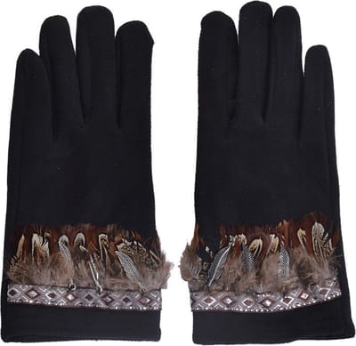 Zwarte Handschoenen Indian - Herfst/Winter - Zwart - Veren - Suède look