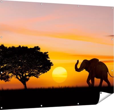 Gards Tuinposter Olifant Silhouet tijdens Zonsondergang - 150x120 cm - Tuindoek - Tuindecoratie - Wanddecoratie buiten - Tuinschilderij