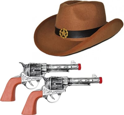Faram party - Cowboyhoed bruin - en 2 revolvers - verkleed set - volwassenen - carnaval - verkleden