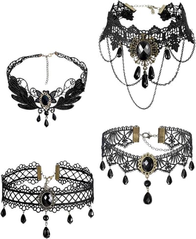 Zwarte Gothic halskettingen set van 4, kanten chokers voor carnaval, cosplay, vampier en vintage kostuums voor dames en meisjes