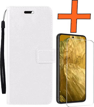 Hoes - Met Screenprotector - Geschikt voor Google Pixel 8a - Luxe Pasjeshouder - Bookcase Portemonee - Flip Case - Kunstleer Book Case - Flipcase - Book Cover - Walletcase - PortemonneeHoes - Wit