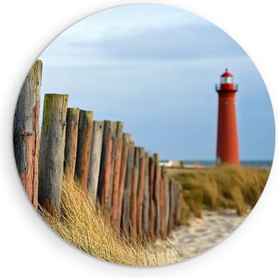 Saammp Muurcirkel Hout - Vuurtoren - strand - Zee - Ø 90 - Wandcirkel - Wanddecoratie Cirkel - muurdecoratie Woonkamer - Slaapkamer decoratie - Rond Schilderij