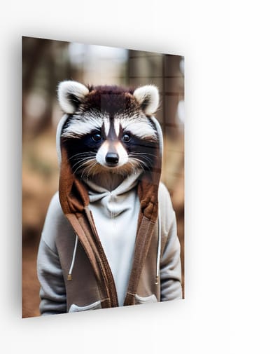 Indoorart - Glasschilderij Wasbeer met vest 40x60 CM - Afbeelding op plexiglas - Inclusief montagemateriaal