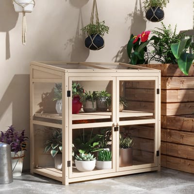 MODFU - Houten Kweekkas - Tweelaags Plantoppervlak Met Verstelbaar Middendeel - Dubbele Deuren Met Magneetsluiting - Verstelbaar Dak - Naturel - 103x61x95/103 cm