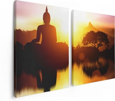 Artaza Canvas Schilderij Tweeluik Silhouet Van Boeddha Beeld Met Zonsondergang - 120x80 - Foto Op Canvas - Canvas Print