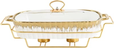 Keramiek Buffetset - Warmhoudpan Serveer - Feestelijke Buffetten - Handgeschilderde Gouden Rand - 34.5 cm Lengte - Wit
