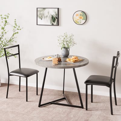 Eettafel Stoel Set 3-delig - 80x80x75cm - Ronde Tafel met Metalen Frame - 2 Beklede Stoelen - Compact voor Eetkamer Woonkamer en Appartement - Grijs