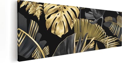 Artaza Canvas Schilderij Botanisch Bladeren - 90x30 cm - Wanddecoratie Jungle - Muurdecoratie Botanisch - Schilderijen Op Canvas Goud Zwart