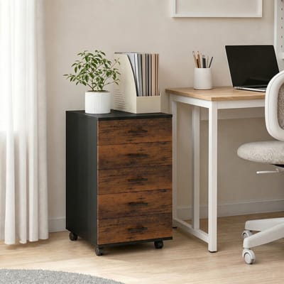 EGGREE Verrijdbaar ladenblok met 5 lades - verrijdbaar archiefkastje op 4 wielen - houten kantoorkast/onderbouwkast - smal ladenkastje/printermeubel - bruin - 40 x 40 x 69 cm