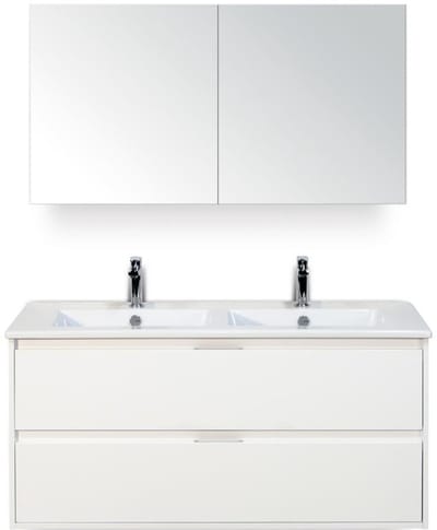 Porto Badmeubelset 120 cm - 2 Laden Wit Hoogglans - Keramische Wastafel Wit Slim met Spiegelkast