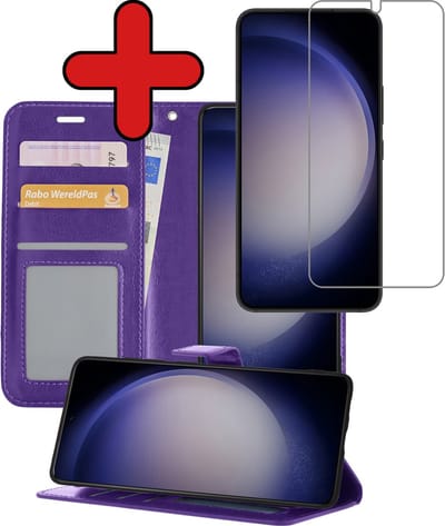 Hoesje - Met Screenprotector - Geschikt voor Samsung Galaxy S23 - Luxe Pasjeshouder - Flipcase - Bookcase Portemonee - Flip Case - Kunstleer Book Case - Book Cover - Walletcase - Portemonneehoes - Telefoonhoes - Paars