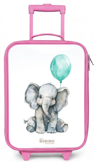 NoBoringSuitcases.com® - Kinderkoffer roze - Kindertrolley meisje - Olifant met blauwe ballon - Koffer kind lichtgewicht - Reiskoffer trolley voor kinderen - Koffertje met lichtgevende wieltjes - Rolkoffer