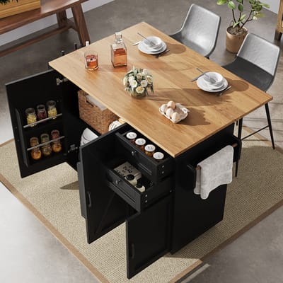 Clruro Keukeneiland - Modern - Met Opbergruimte En Snackrekken Houtlook Design - Hout - Zwart