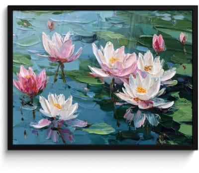 Poster in lijst - Fotolijst 80x60 cm - Posters - Waterlelies - Bloemen - Roze - Water - Posterlijst zwart - Decoratie - Wanddecoratie woonkamer - Muurdecoratie slaapkamer