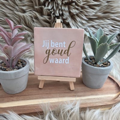 Robuust Wenstegeltje Jij Bent Goud Waard – Hip trendy tegeltje – Cadeau voor Vriendin, Juf, Zorgheld of Collega – Zomaar – Trendy nu – Deco – Stijlvolle Wanddecoratie – Decoratief Tegeltje met Standaard – Cadeau Idee