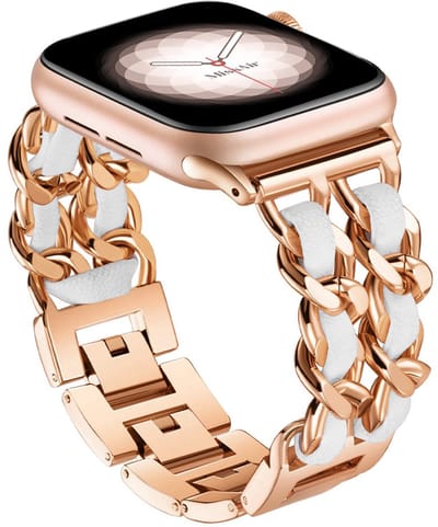 Stravo Metalen Horlogebandje met PU-Leren Details – Dubbele Schakelketting – Geschikt voor Apple Watch 46mm (Series 11/10), 45mm (Series 9/8/7), 44mm (Series 6/5/4, SE 3/2/1), 49mm (Ultra 3/2/1) – Roségoud/Wit