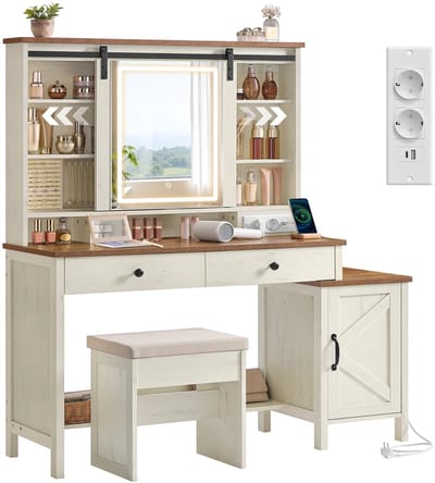 JAQZY Kaptafel met Spiegel en Verlichting - Spiegel - Make-up Tafel - Inclusief Kruk - USB-A en USB-C -poort - Wit Honingbruin