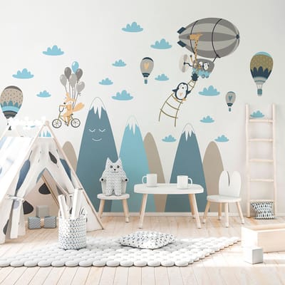 Kinderstickers met Scandinavische bergen en dieren op reis, 100 x 150 cm