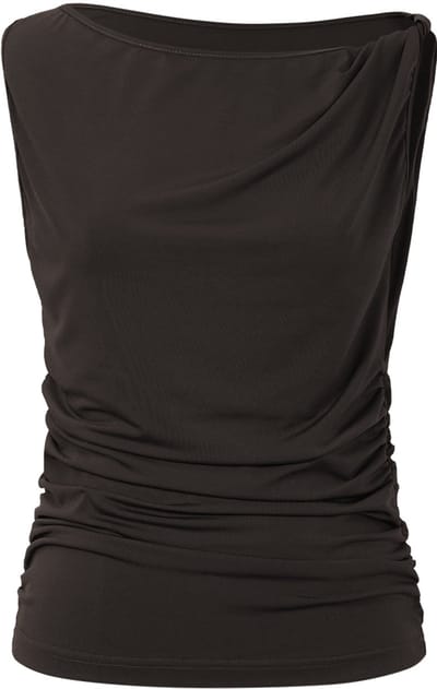 Elegante Top met Gedrapeerde Voorzijde – Modieus Dames T-shirt met Ronde Hals – Stijlvolle Stretchtop met Plooi-Detail en Korte Mouwen - Bruin - XS