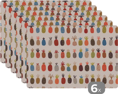 Placemat - Placemats kunststof - Ananas - Regenboog - Retro - Fruit - 45x30 cm - 6 stuks - Hittebestendig - Anti-Slip - Onderlegger - Afneembaar