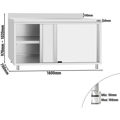 GGM Gastro Edelstahl Arbeitsschrank ECO - 1600x700mm - mit Schiebetür & Aufkantung Zilver